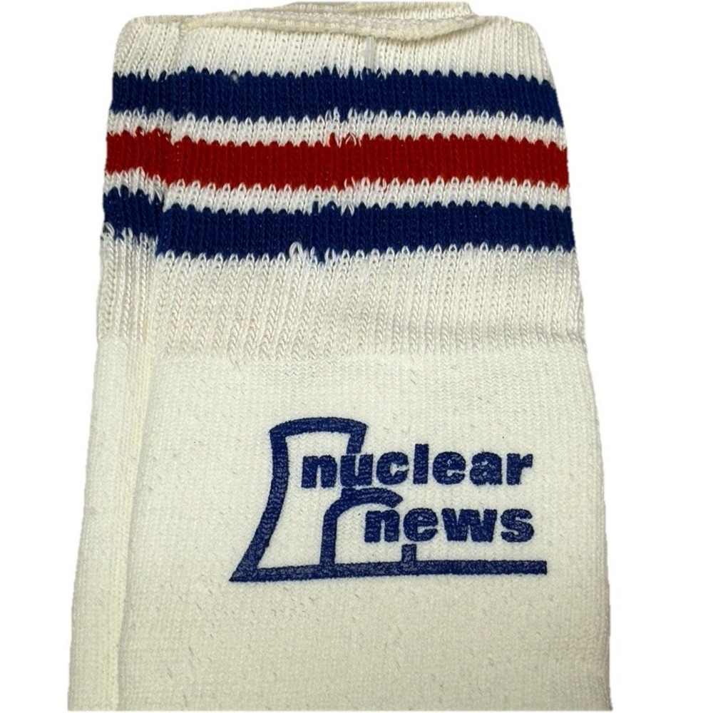 VTG‎ Nuclear News 60's Socks Crew Cotton White Striped USA Blue Red NOS 3c1